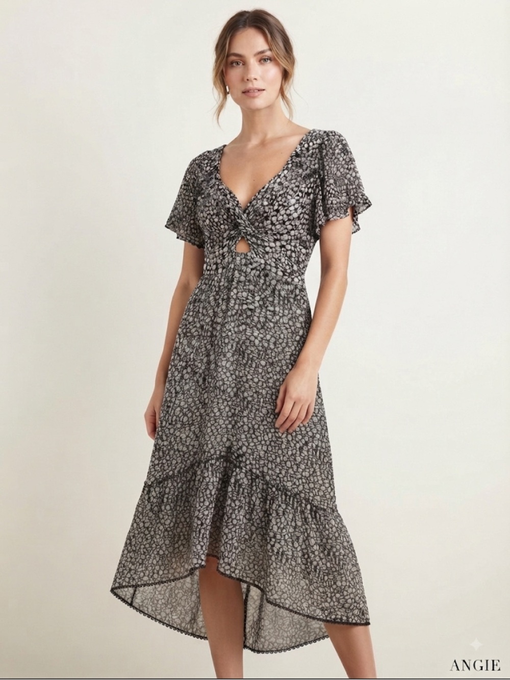 Angie Black and White Floral High-Low Midi Dress